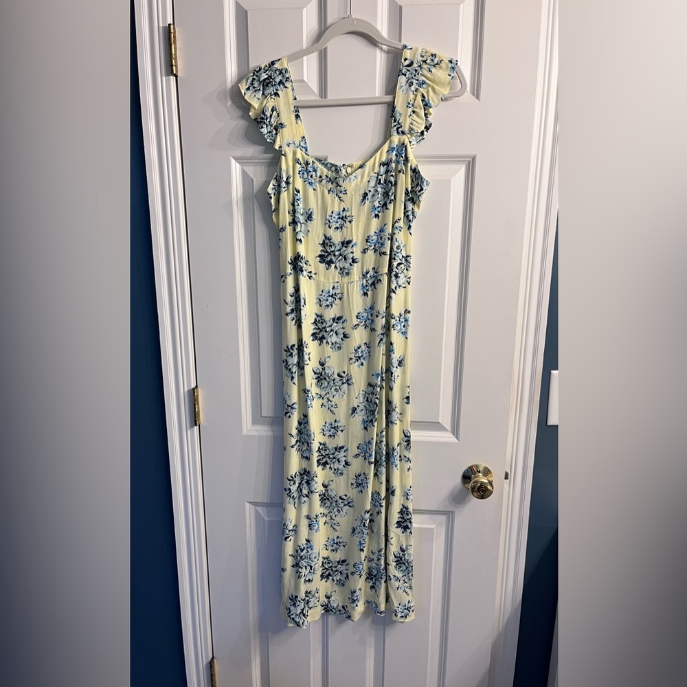 Loft midi dress, yellow with blue floral print, size 4, NWT